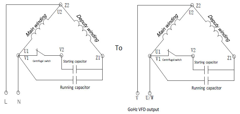 GoHz VFD wiring for single phase motor without disassembling capacitors
